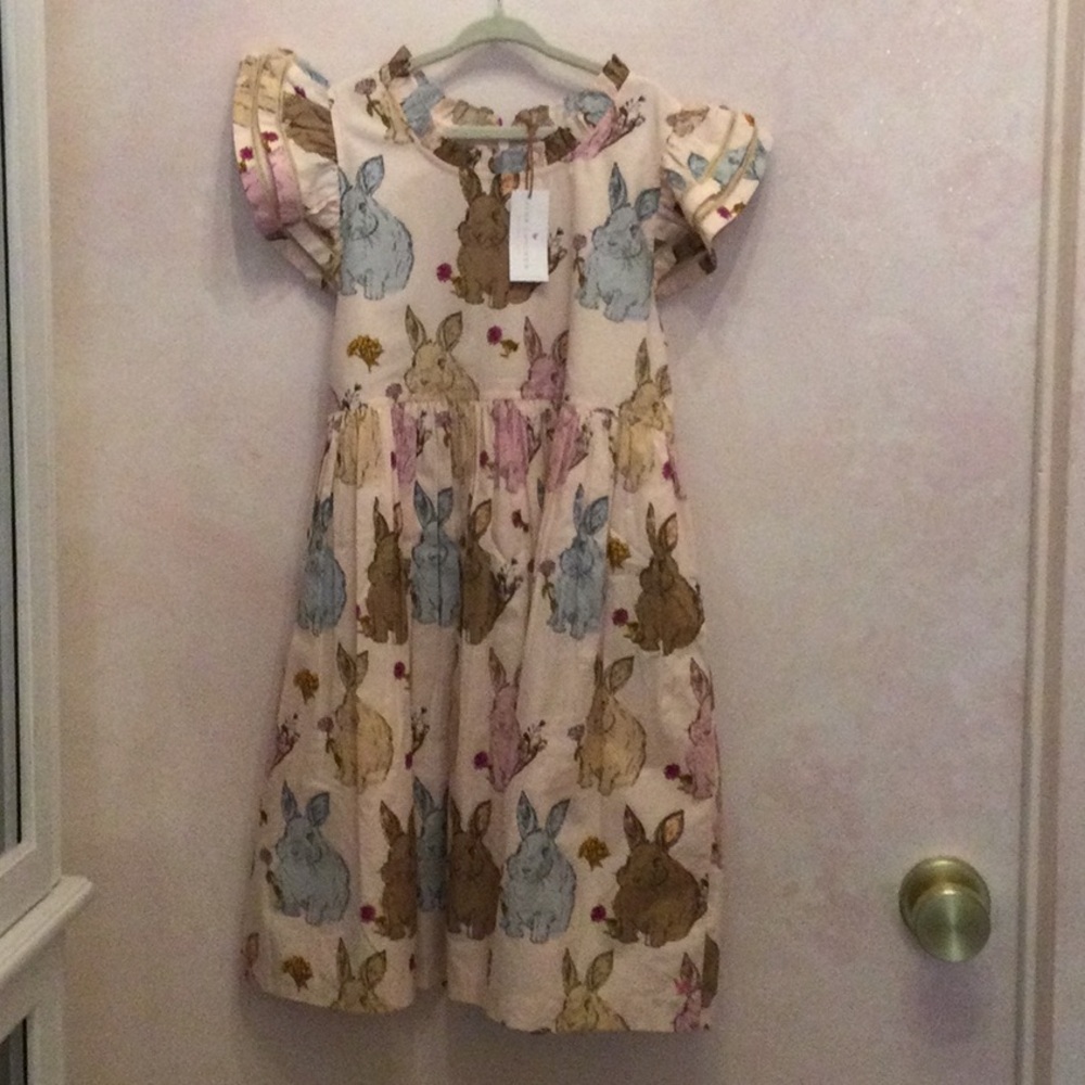 Girls' Cream Bunny Print Dress with Puff Sleeves